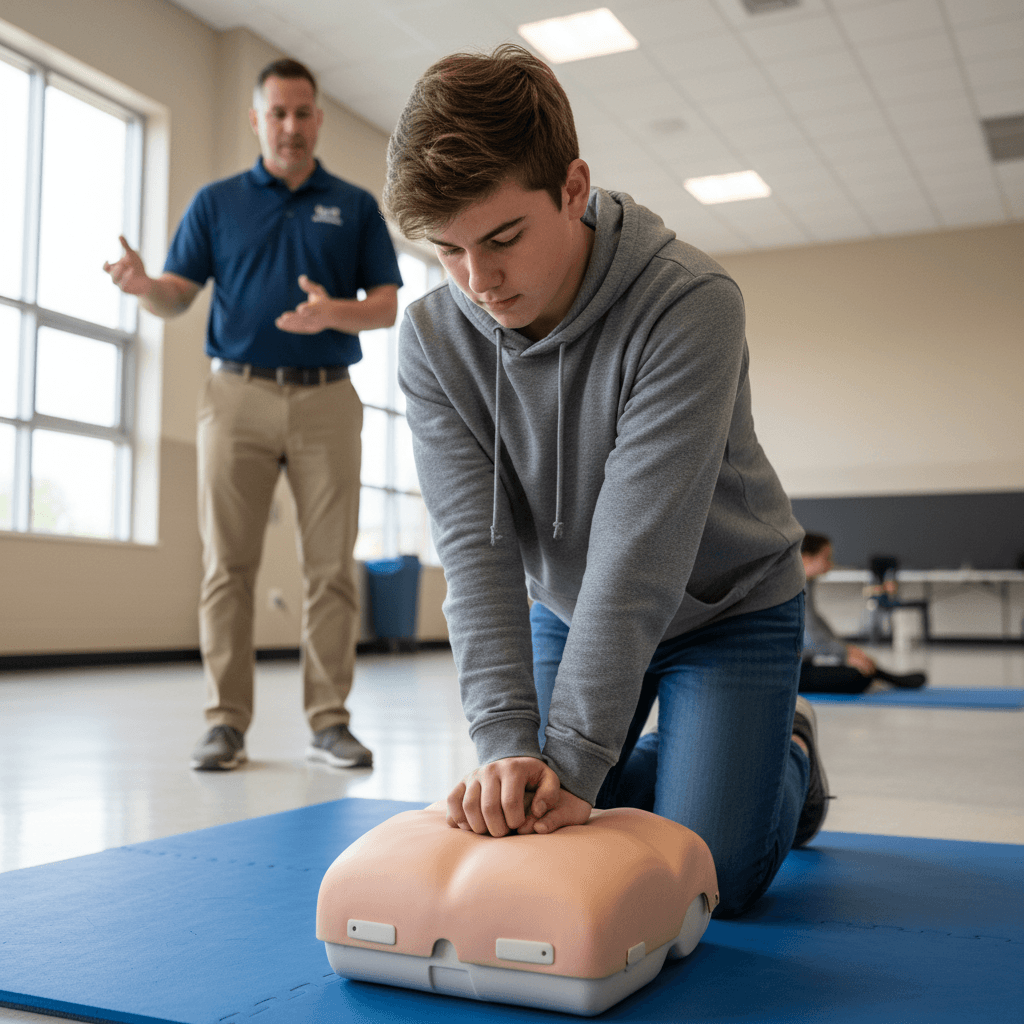 CPR training instructor demonstrating techniques to group of participants