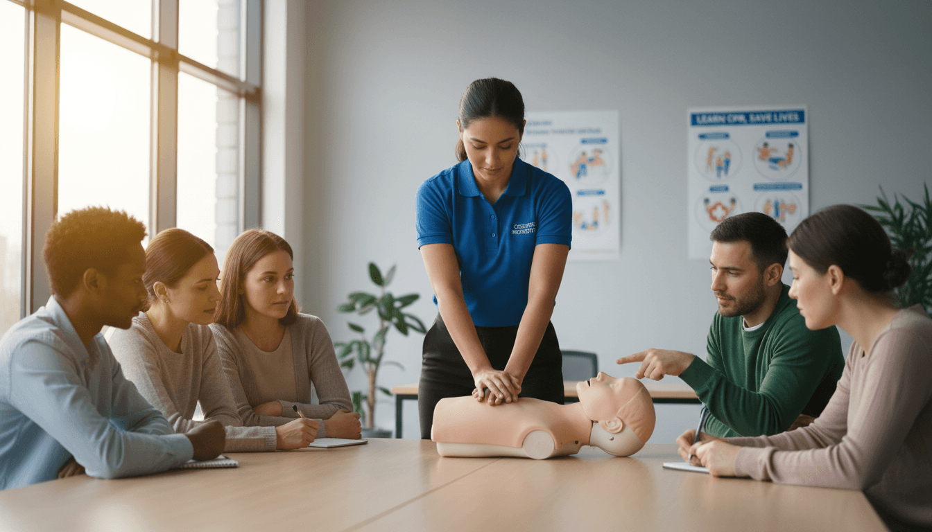 CPR training instructor demonstrating proper chest compression technique on mannequin to attentive group of trainees
